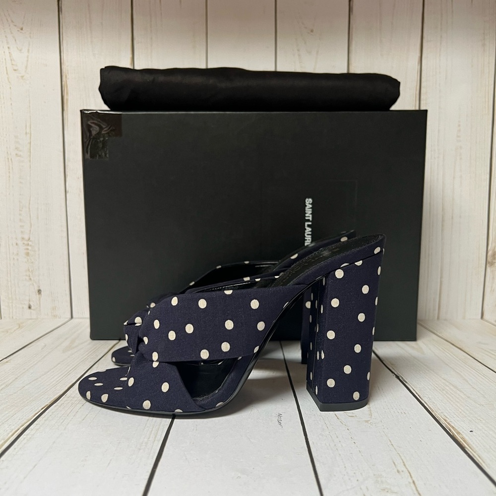 Saint Laurent Bianca 100 Polka Dot Satin Sandal Marine Navy/White Sz 37 / 7 - Picture 3 of 11